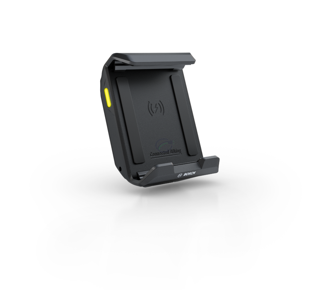 Bosch SmartphoneGrip set fra siden med LED-striben, der viser, om telefonen er opladet.