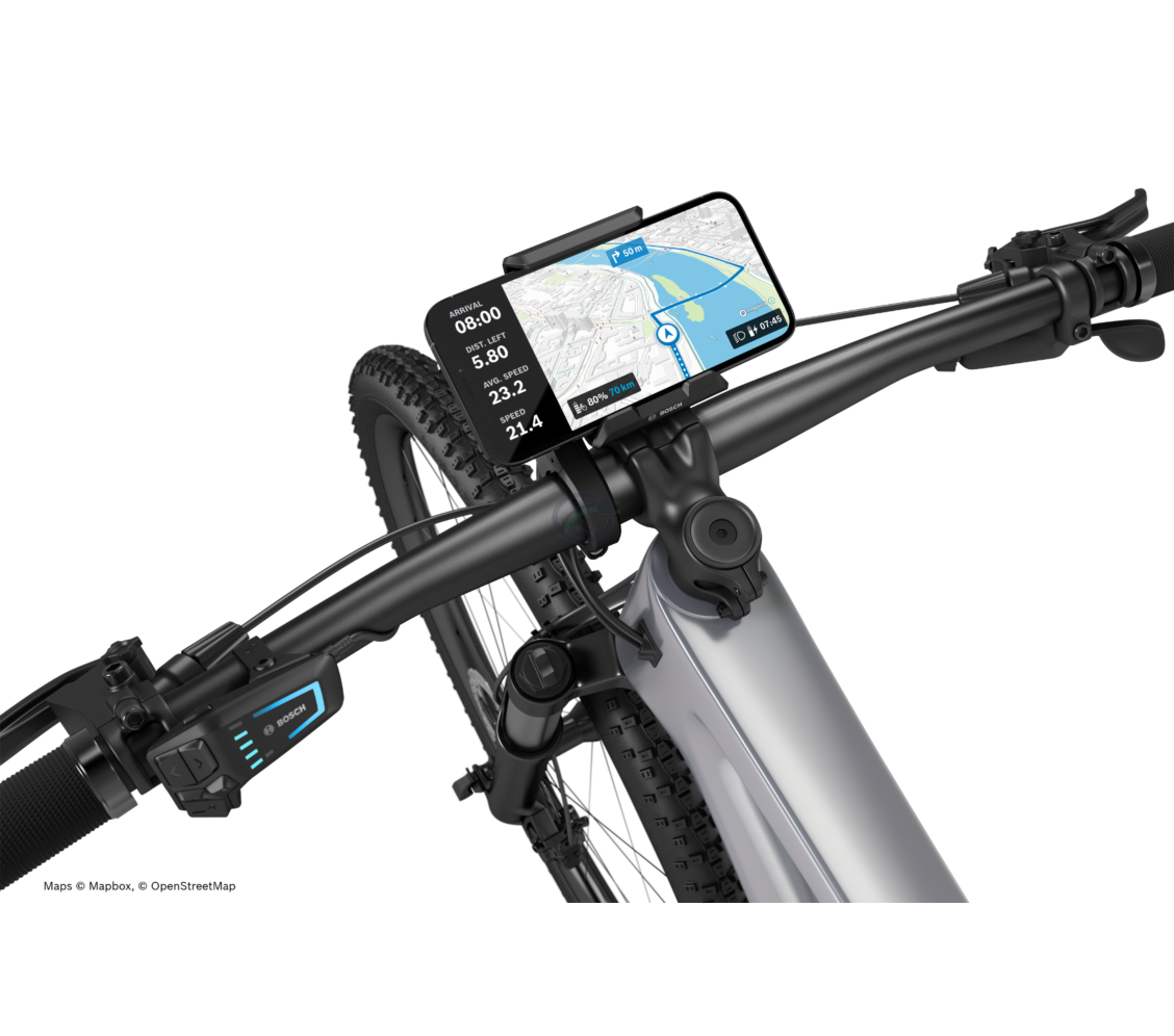 Bosch Smartphone Grip monteret på en elcykel. Her ses navigationsfunktionen.