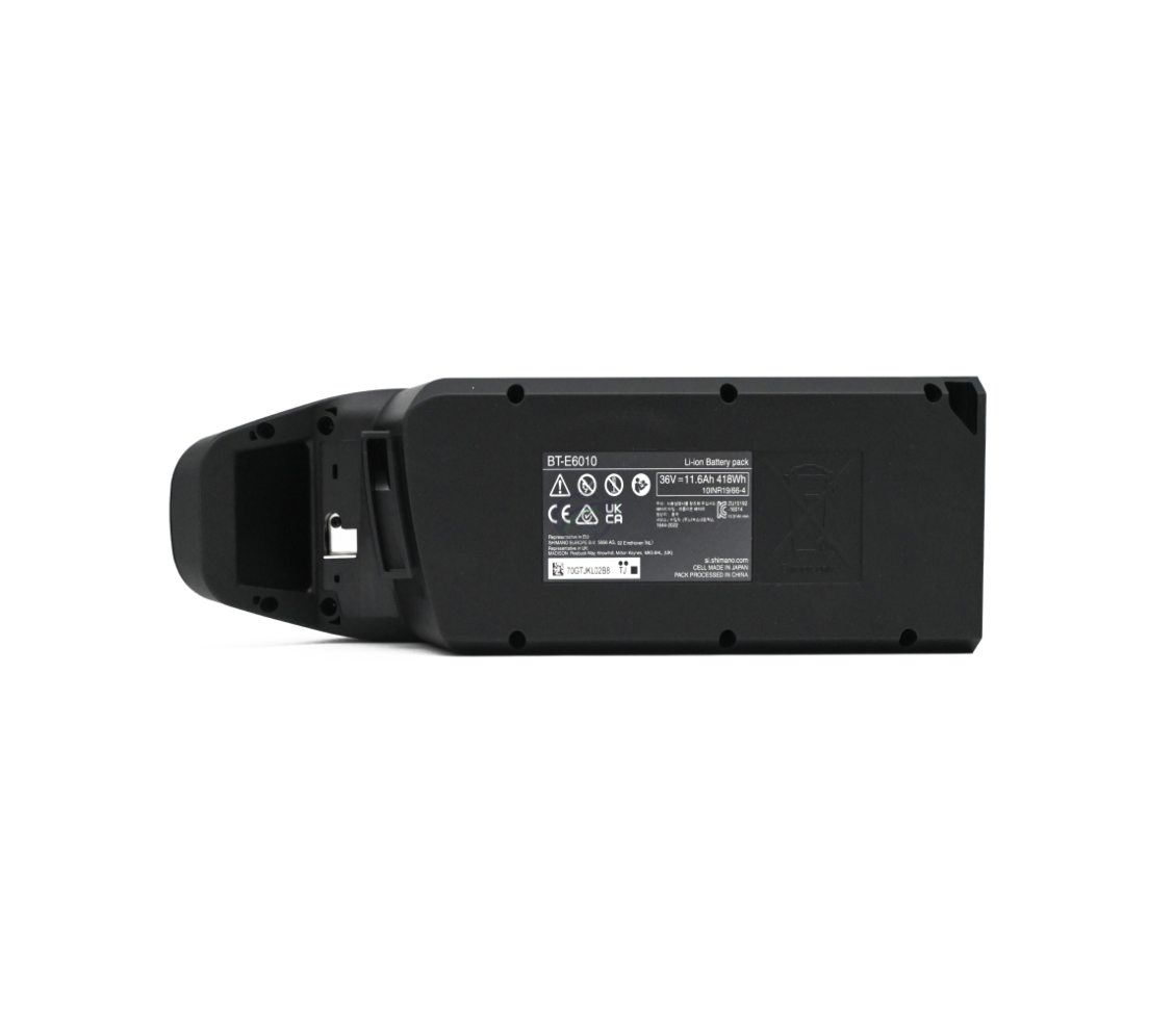 foto af Shimano BT-E6010 36V 11.6Ah, hvor du kan se alle klistermærker lige og læselige