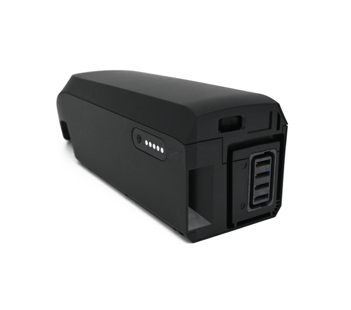 foto af Shimano BT-E6010 36V 11.6Ah bagfra, hvor du kan se batteristikket til cyklen og batteriindikatoren, der viser, hvor meget procent der er tilbage