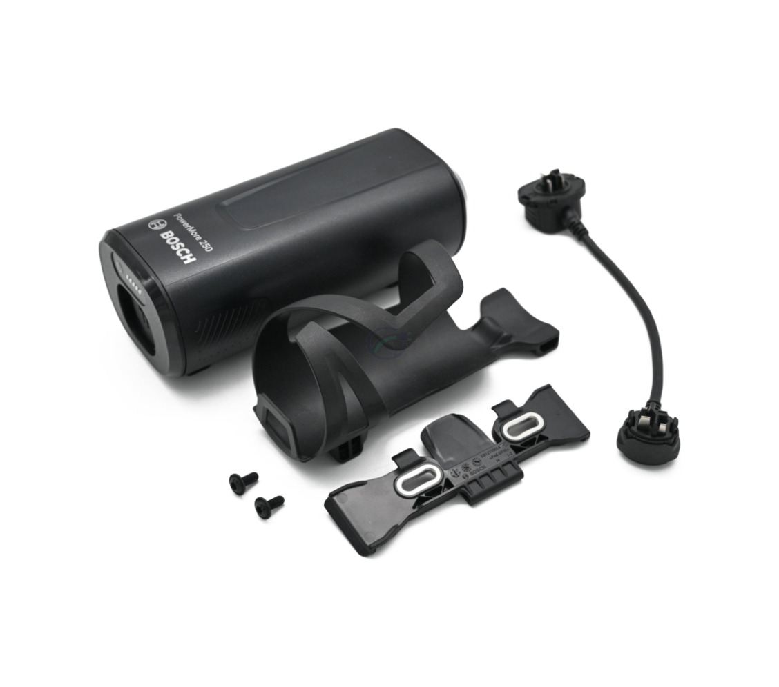 Skrå Bosch PowerMore 250 Range Extender med monteringssystem og løs 150 mm kabel