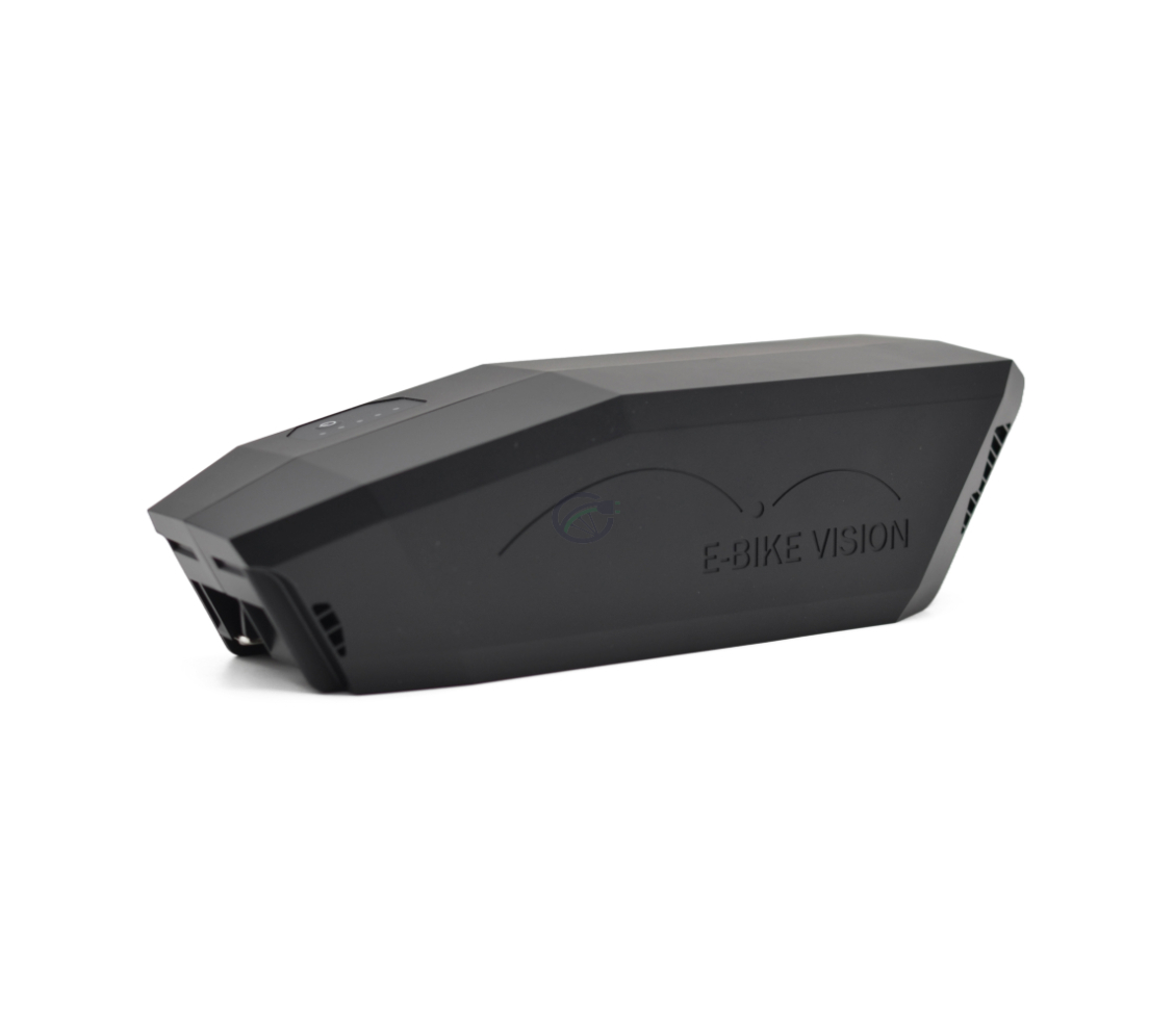 Tredjedels visning af Bosch Powerpack 360 Performance/Active stel E-Bike Vision cykelbatteri. Batteriet er tydeligt synligt.
