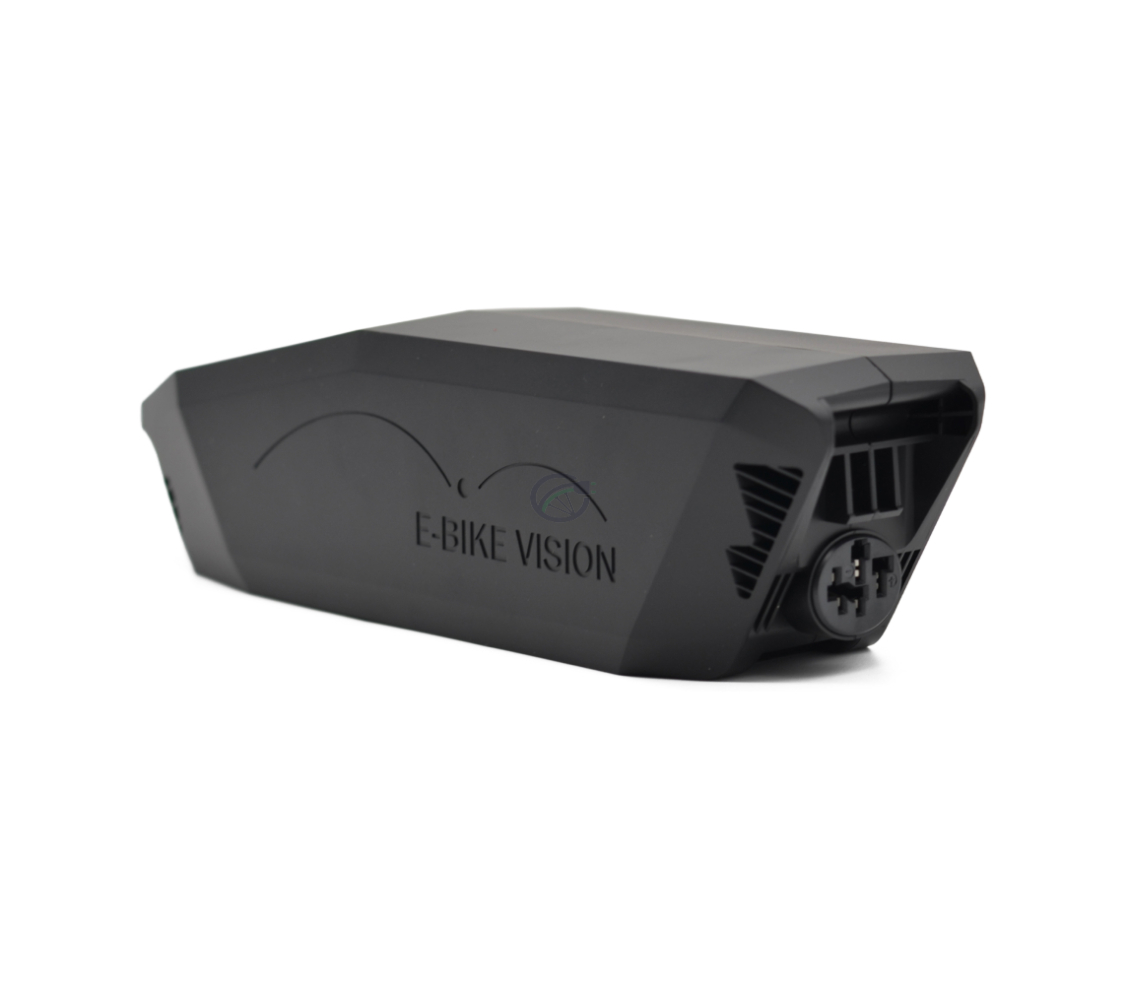 Tredjedels visning af Bosch Powerpack 360 Performance/Active stel E-Bike Vision cykelbatteri forfra. Siden af batteriet og cykeltilslutningen er synlige.