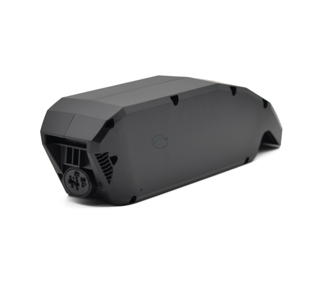 Tredjedels visning af bagsiden af Bosch Powerpack 540 Performance/Active stel E-Bike Vision cykelbatteri. Cykeltilslutningen er synlig.