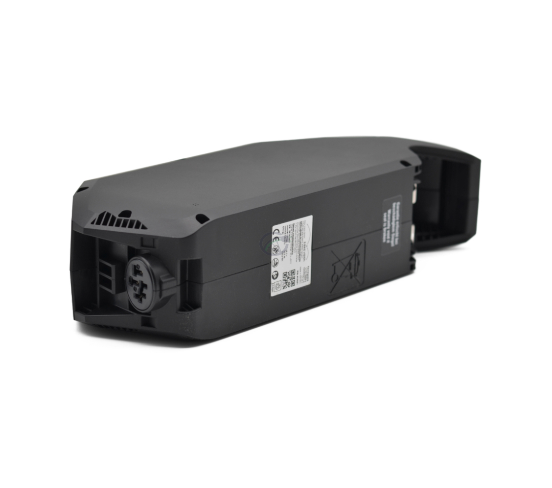Tredjedels visning af undersiden af Bosch Powerpack 700 Active/Performance stel E-Bike Vision cykelbatteri. Batteriet ligger på sin side.