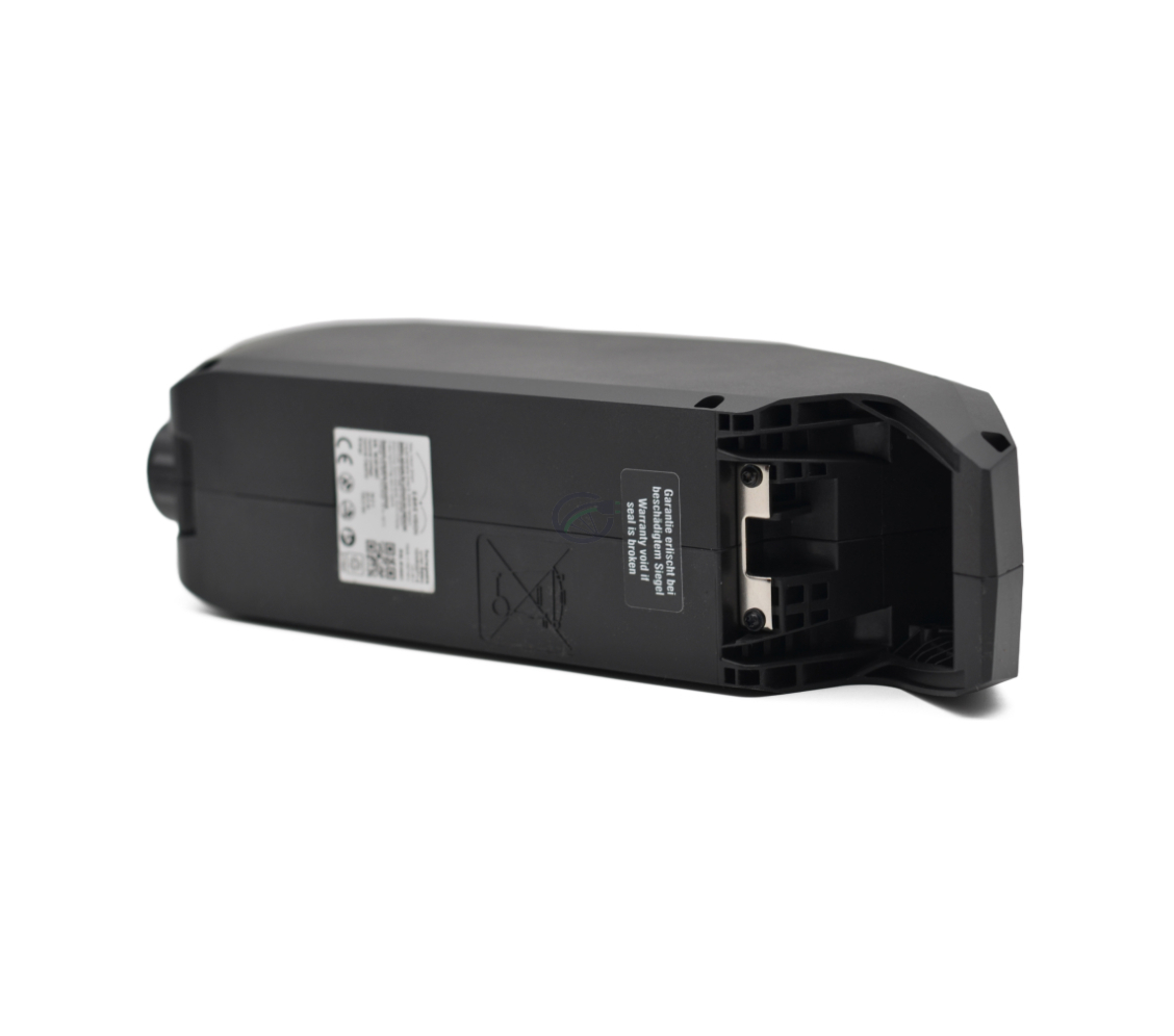 Foto af undersiden af Bosch Powerpack 700 Active/Performance stel E-Bike Vision cykelbatteri fra håndtaget. Batteriet ligger på sin side.