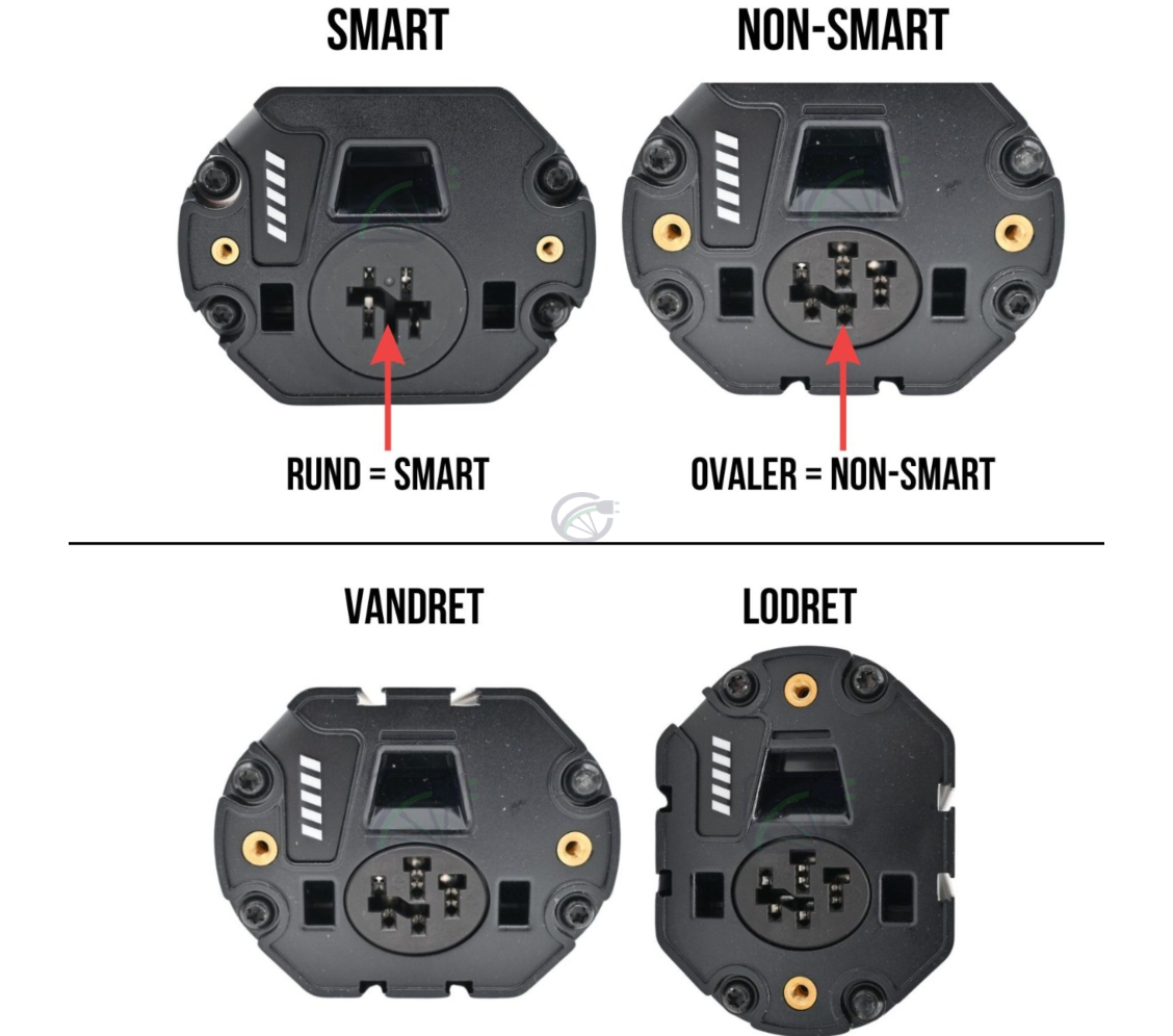 På dette billede kan du se, hvordan du genkender forskellen mellem et SMART Bosch PowerTube og et non-SMART Bosch Powertube, og du kan se, hvordan du genkender forskellen mellem et vertikalt Bosch PowerTube og et horisontalt Bosch Powertube. På et SMART B