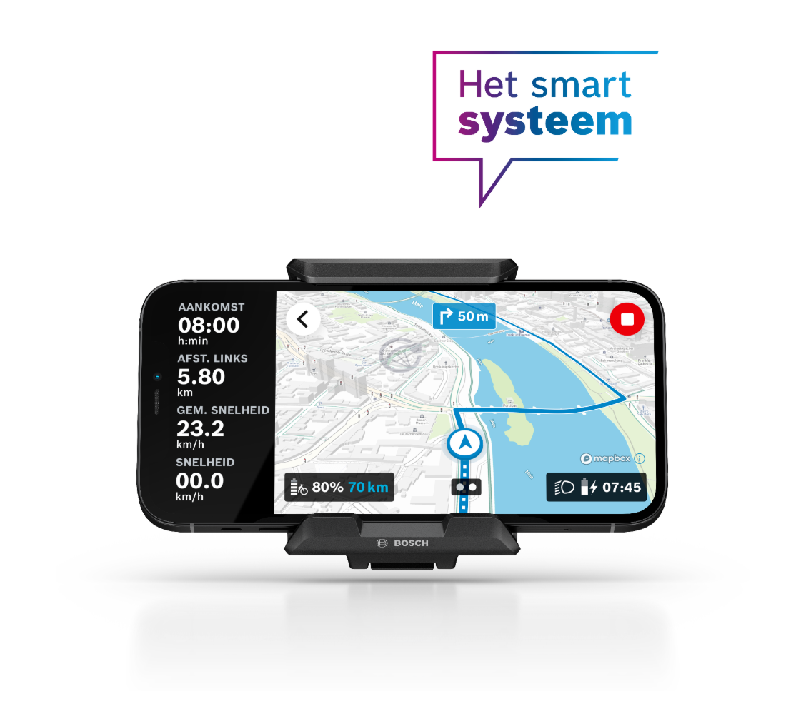 vooraanzicht van de Bosch SmartphoneGrip met telefoon. Hierop is de navigatiefunctie te zien.