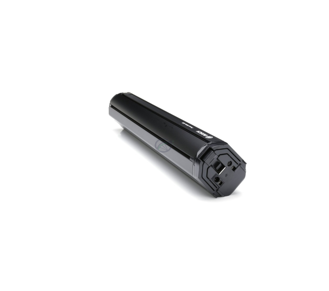Bosch PowerTube 625 Vertikal cykelbatteriet er fotograferet fra en skrå vinkel. Her ses siden og bunden af cykelbatteriet.