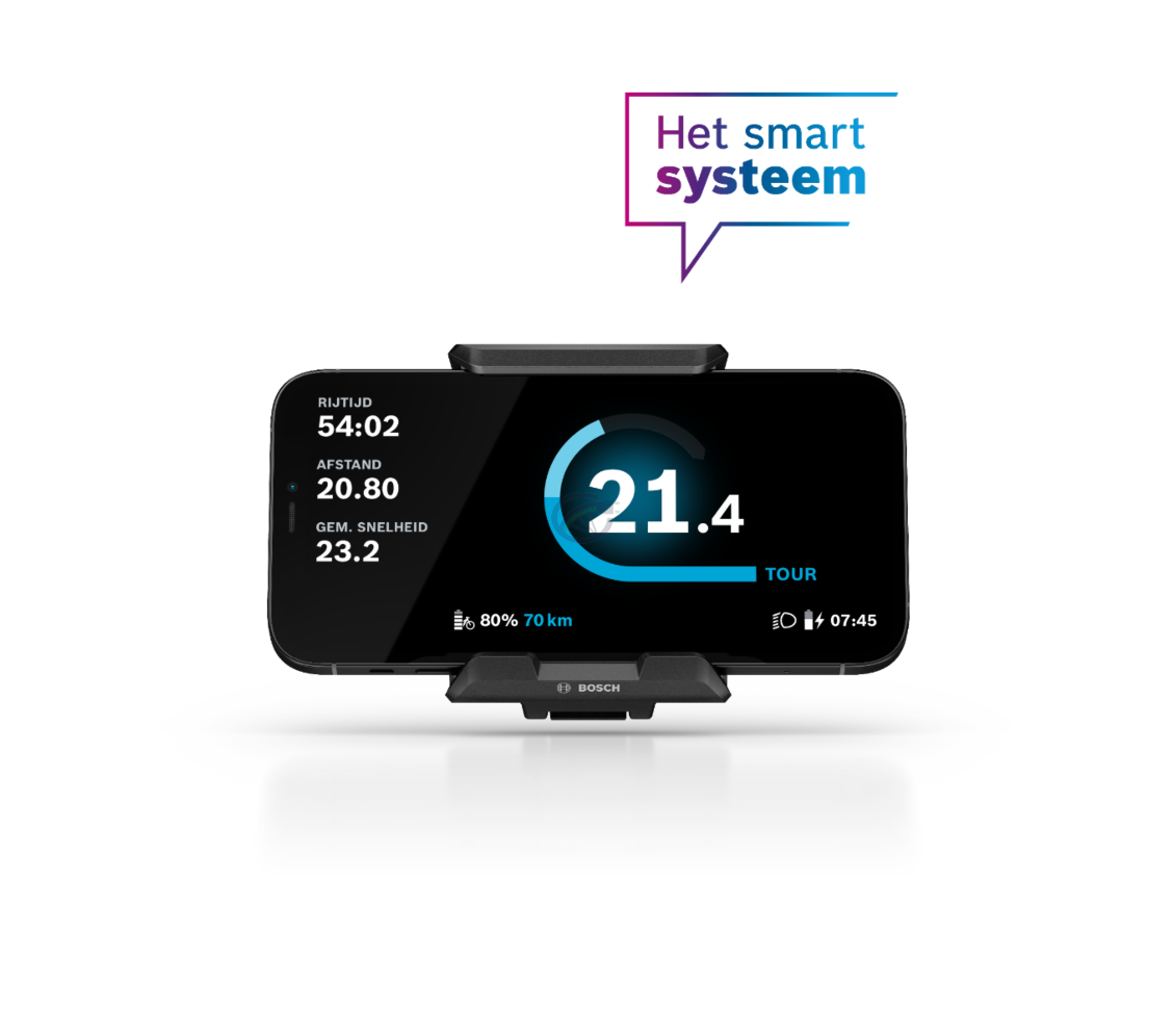 Bosch SmartphoneGrip med telefon set forfra. Den viser forskellige kørselsdata som f.eks. hastighed, distance og køretid.