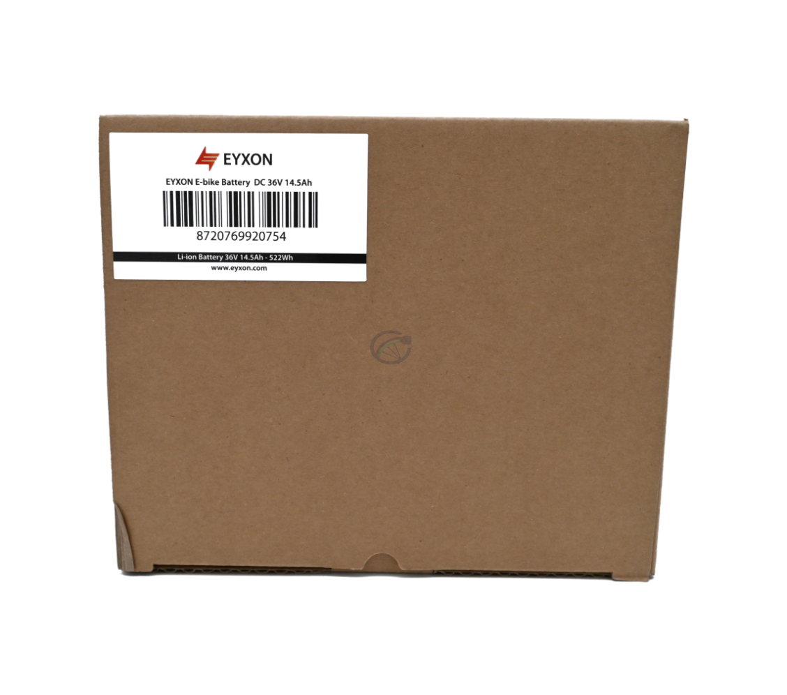 Frontsyn af kassen til Impulse 36V 14.5Ah kompatibelt batteri produceret af EYXON. Etiketten på kassen er tydeligt synlig.