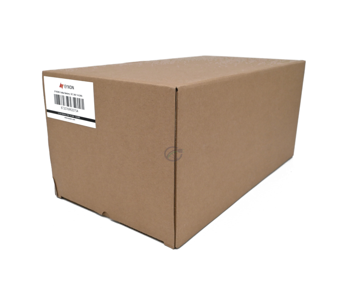 Skrå syn af den fulde kasse af Impulse 36V 14.5Ah kompatibelt batteri produceret af EYXON.