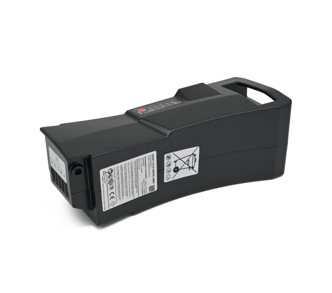 Trekvart billede af Kalkhoff Impulse batteri 36V 17Ah, fra højre side. Toppen og højre side er tydeligt synlige.

