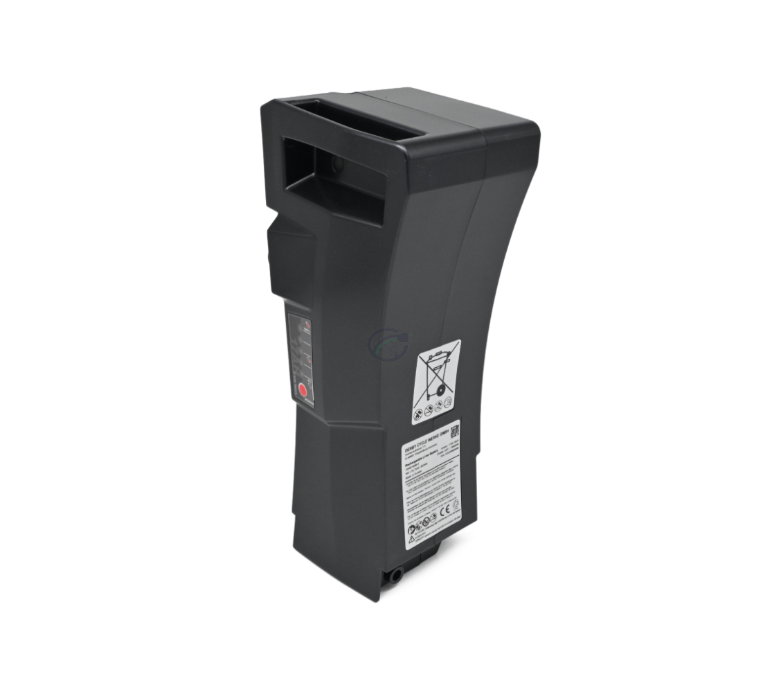 Billede af Kalkhoff Impulse batteri 36V 17Ah, hvor batteriet står op. Siden og toppen af batteriet er synlige.

