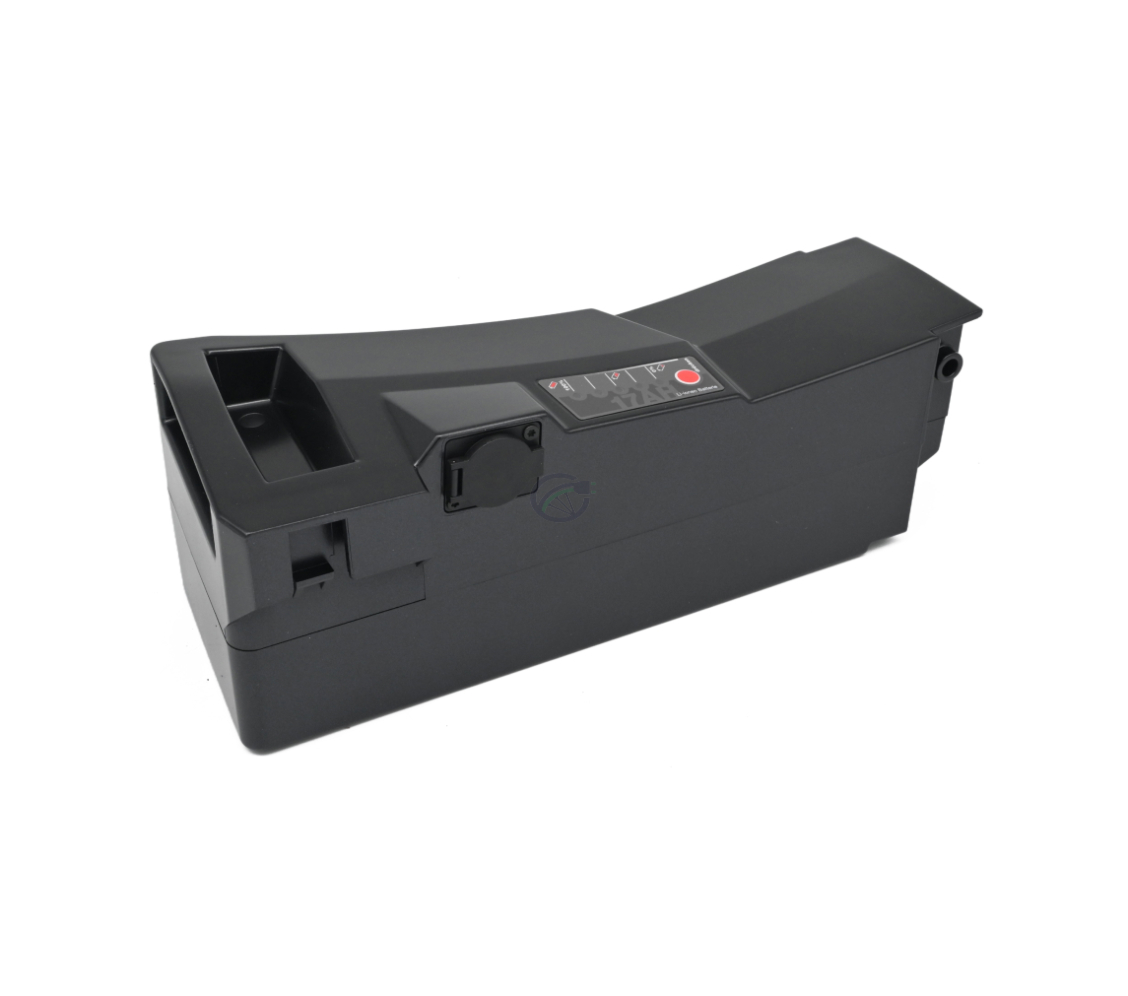 På dette billede kan man se Kalkhoff Impulse batteri 36V 15Ah. Det er et trekvart billede fra venstre side, hele batteriet er tydeligt synligt.

