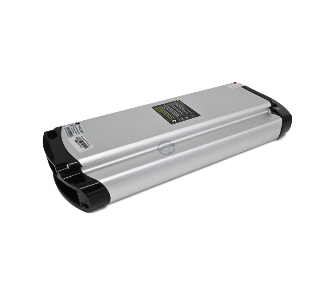 Bundbillede af Phylion XH370-13J Wall-E 37V 14Ah (2-polet). Billedet af dette Phylion-batteri er taget fra en trekvart vinkel, så bunden og siden af batteriet er synlige.