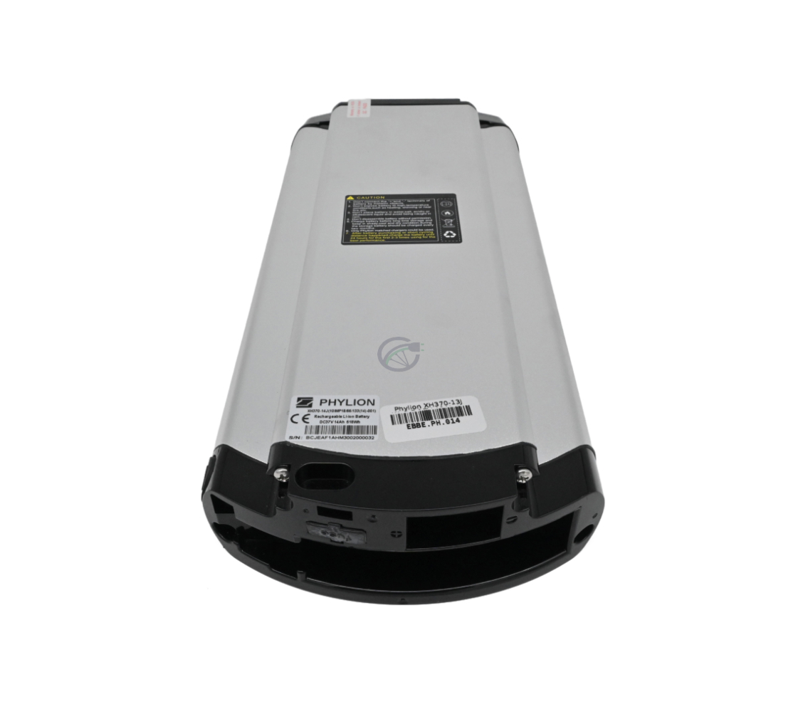 Bundbillede af Phylion XH370-13J Wall-E 37V 14Ah (2-polet). Billedet er taget fra en højere vinkel, så bunden af Phylion-batteriet er tydeligt synlig.