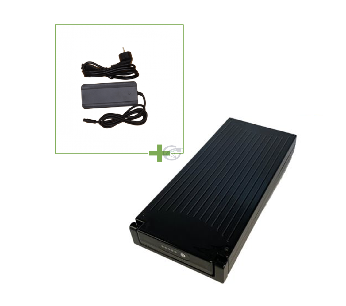 Sparta E-motion C1/C2/C3 / Batavus kompatibel 13.6Ah cykelbatteri (sort) inkl. oplader med et billede af opladeren.