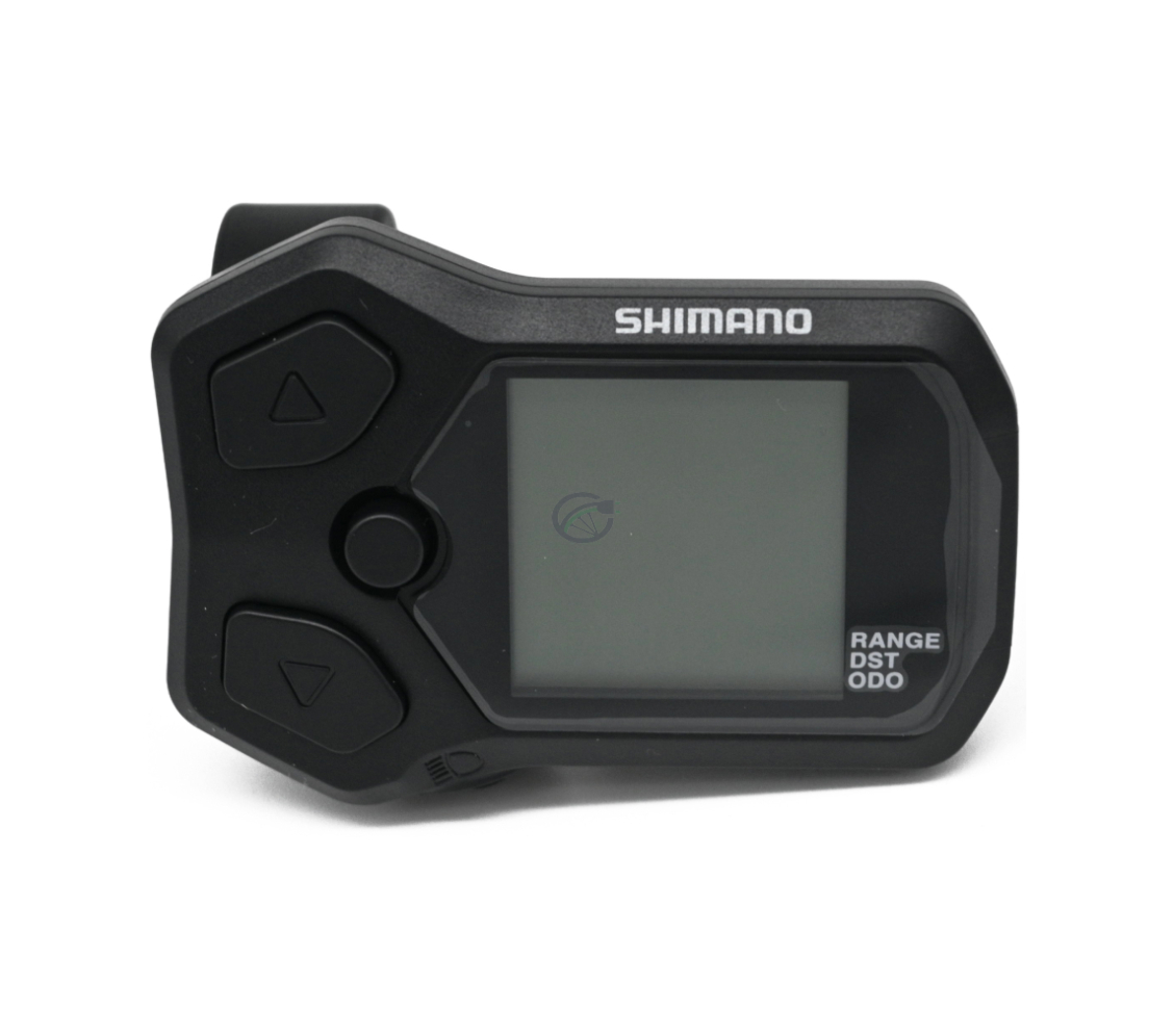 Forside af Shimano Steps display SC-E5000 cykelcomputer. Knapperne er tydeligt synlige