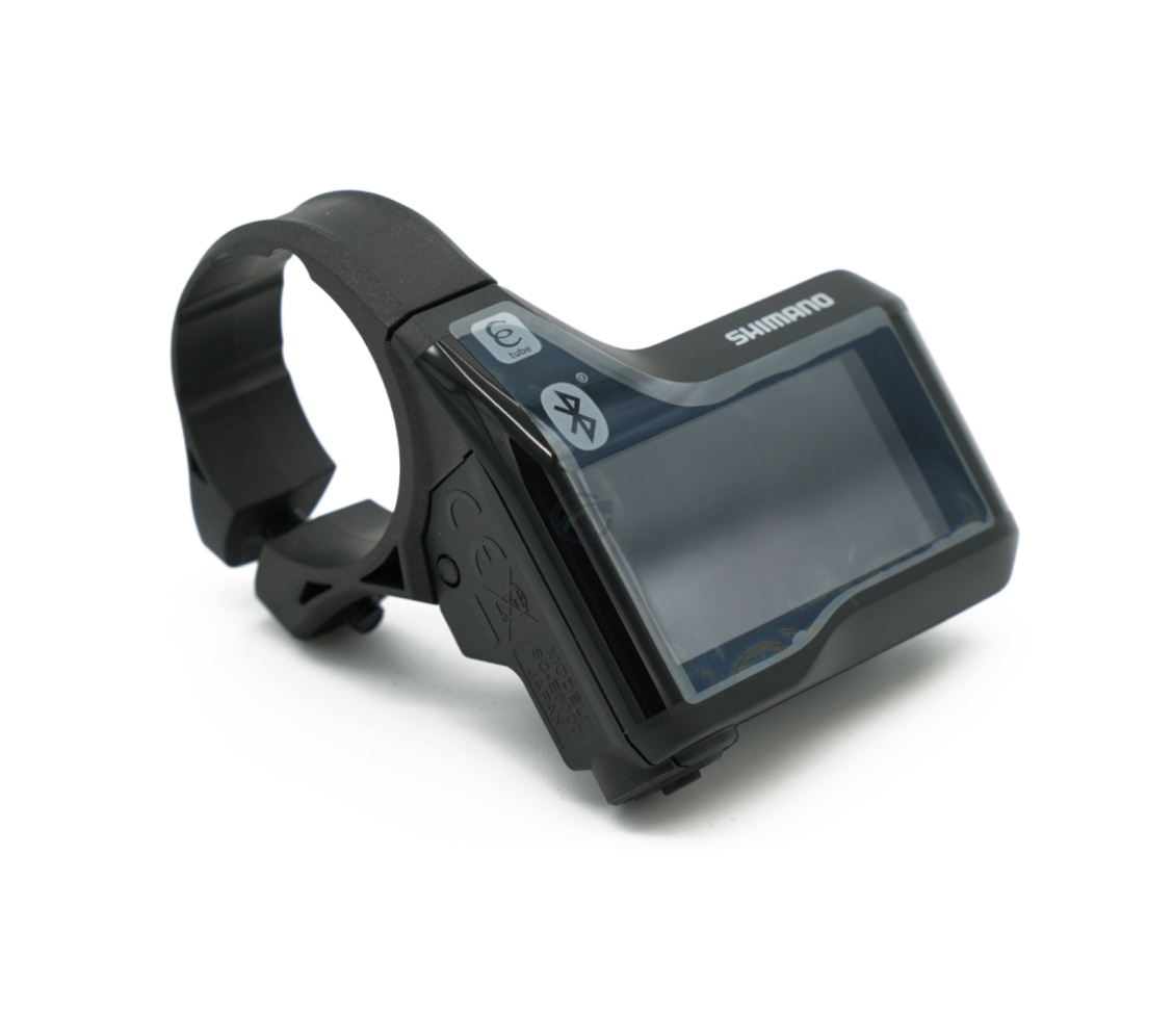 Trekvartsvinkel af Shimano Steps SC-E8000, hvor displayet er tydeligt synligt.
