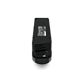 foto af Shimano BT-E6010 36V 11.6Ah fra forsiden, hvor du kan se undersiden af batteriet med klistermærker, der viser forklaringer og advarsler