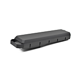 Tredjedels visning af Bosch Powerpack 700 Performance/Active bagagebærer E-Bike Vision, taget bagfra batteriet. Bagsiden og siden af batteriet er tydeligt synlige, ligesom håndtaget på batteriet.