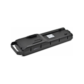 Underside af Bosch Powerpack 700 Performance/Active bagagebærer E-Bike Vision, taget fra en skrå vinkel, hvilket gør batteriet tydeligt synligt.