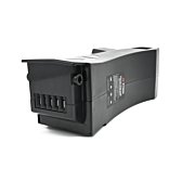 Billede af Impulse 36V 14.5Ah kompatibelt batteri produceret af EYXON. Billedet er taget fra en skrå vinkel, hvor cykeltilslutningen er synlig.