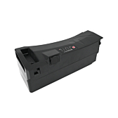 Impulse 36V 14.5Ah kompatibelt batteri produceret af EYXON fra en skrå vinkel. Håndtaget, toppen og siden af batteriet er synlige.