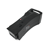 Impulse 36V 14.5Ah kompatibelt batteri produceret af EYXON fra ovenfra i en skrå vinkel. Siden med etiketten og toppen af batteriet er synlige.