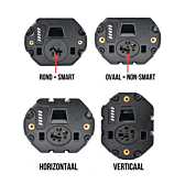På dette billede kan man se de forskellige Bosch PowerTube cykelbatterivarianter sammenlignet med hinanden. Her ses SMART, NON-SMART, Vertikal og Horisontal variant samt forskellene imellem dem.