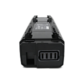 Frontperspektiv af Shimano Steps BT-E6000 cykelbatteri på hovedet. Cykeltilslutningen og etiketten på bunden af batteriet er synlige.