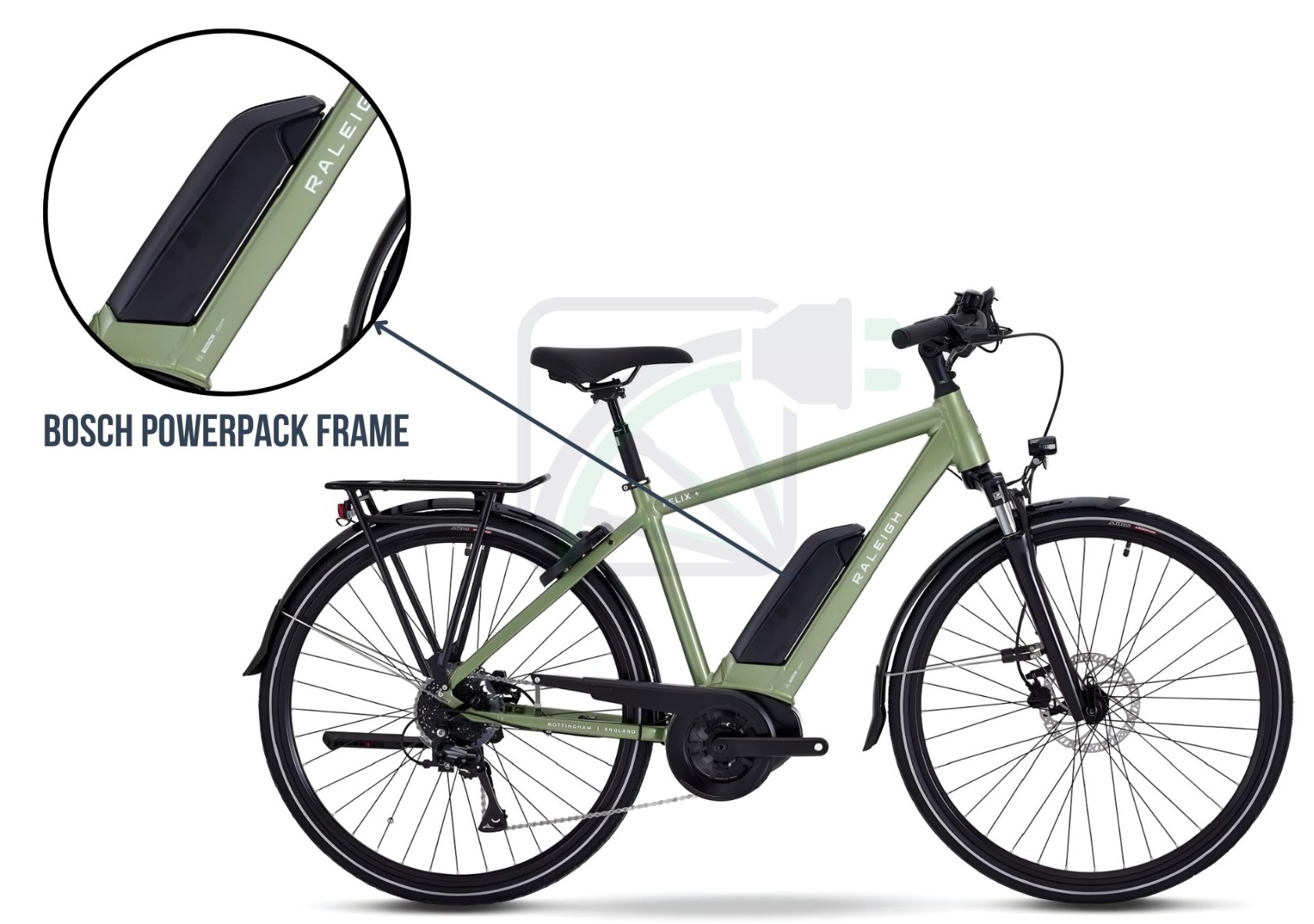 Bosch PowerPack integreret i en elektrisk cykel. Her følger en forklaring om batteriet i cyklen og hvilke batterier der er egnede til denne type cykel. I dette tilfælde er det Bosch PowerPack frame.