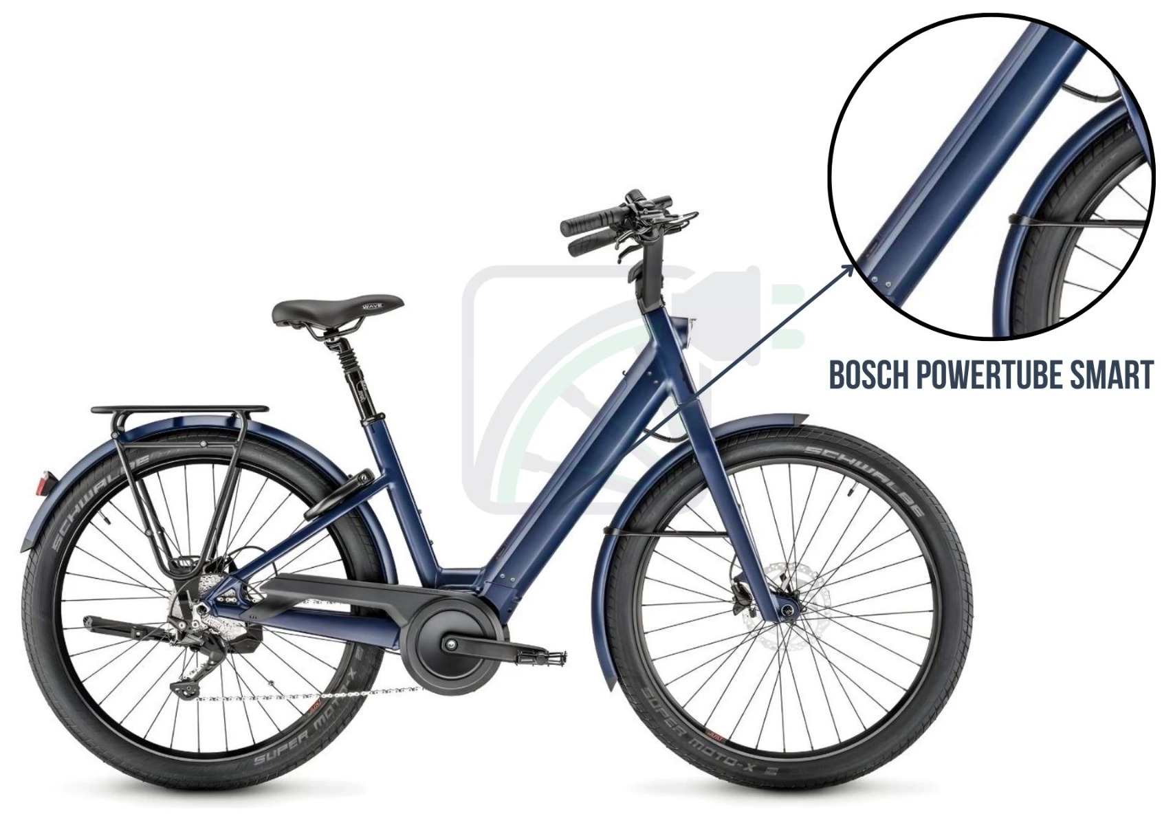 Foto af en elektrisk cykel, med fokus på cyklens batteri. Batteriet, der vises her, er Bosch PowerTube. Derudover nævnes også de forskellige batterier, der er tilgængelige til denne cykel. Disse er: Bosch PowerTube 400, 500, 625 og 750. Disse batterier er tilgængelige i både SMART og ikke-SMART varianter.