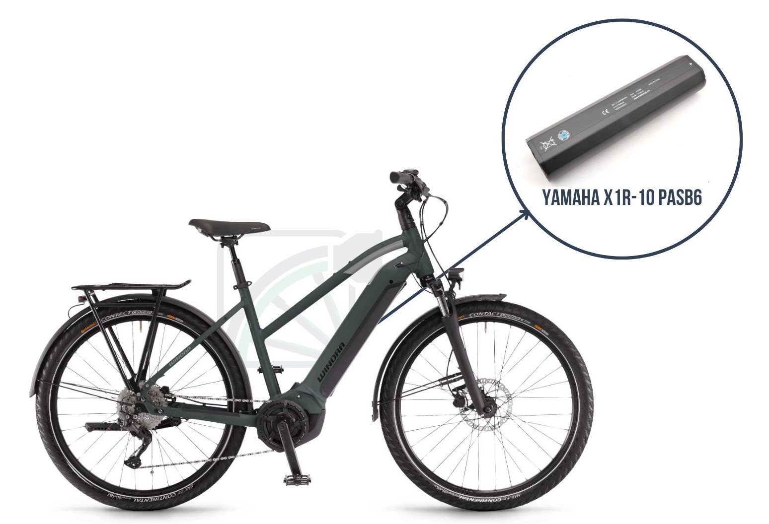 Winor Yucatan iN7f med fremhævelse af, hvilken batteri denne cykel bruger. Det er nemlig Yamaha X1R-10 PASB6.