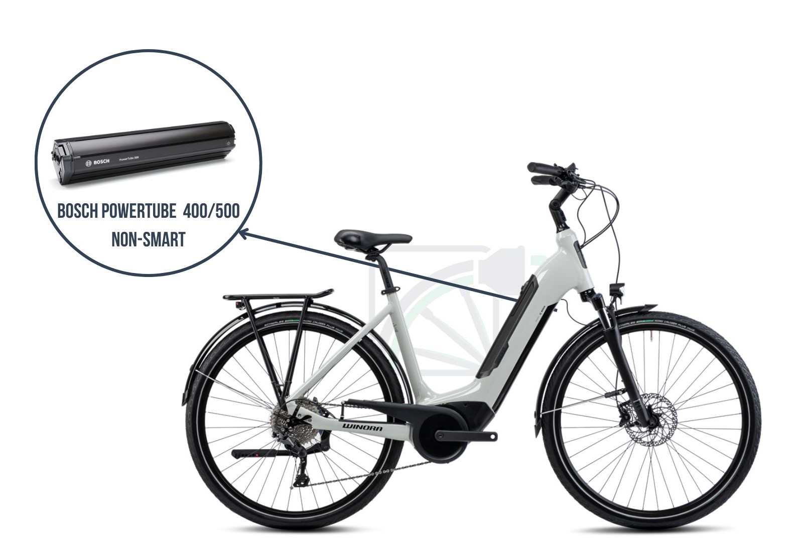 På dette billede ses Winora Sinus Tria 10. Her fremhæves batteriet, der hører til denne cykel, nemlig Bosch Powertube 400/500 non-SMART.